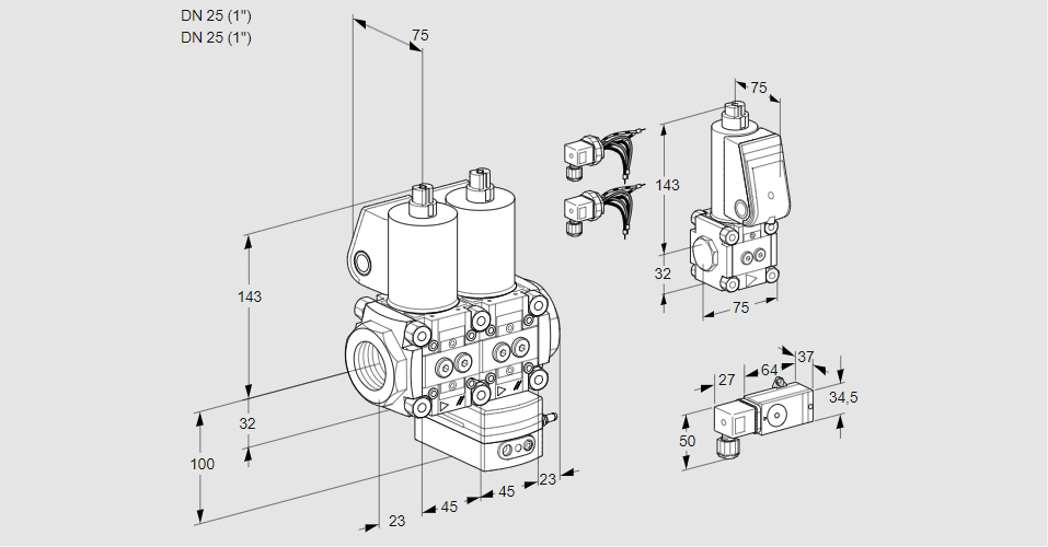 Регулятор соотношения газ/воздух с двумя эл.магнитными клапанами VCV 1E25R/25R05NVKWL6/PPZS/-2PP