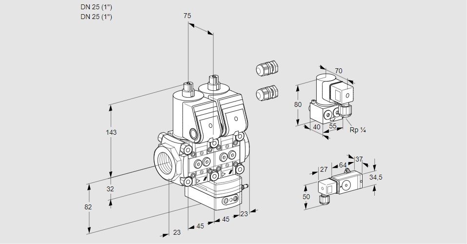Регулятор соотношения газ/воздух с двумя эл.магнитными клапанами VCG 1E25R/25R05NGEWR3/2-PP/4-ZY