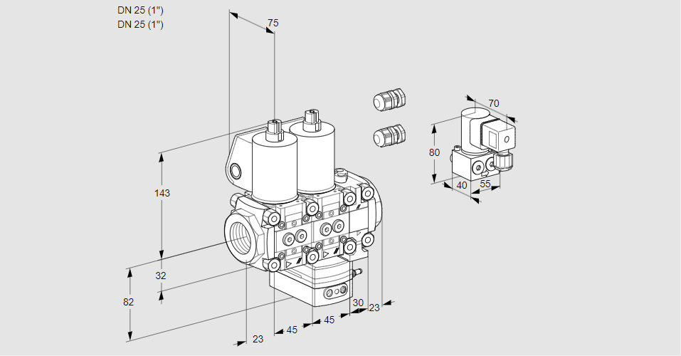 Регулятор соотношения газ/воздух с двумя эл.магнитными клапанами VCG 1E25R/25R05NGEVWL3/PPBY/PPPP