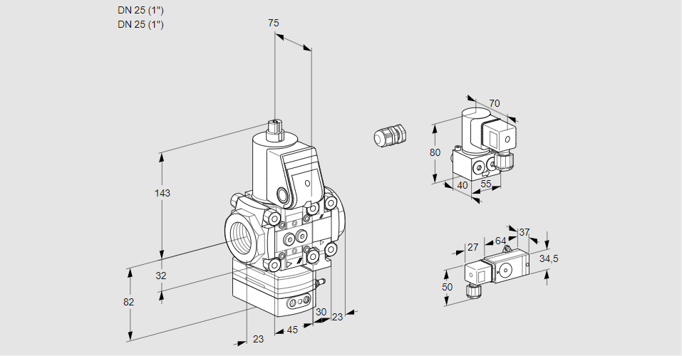 Регулятор соотношения газ/воздух 1:1  с эл.магнитным клапаном VAG 1E25R/25R05GEVWR/3-/BY