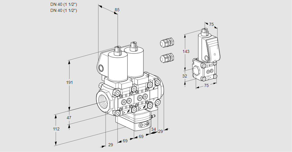 Регулятор соотношения газ/воздух с двумя эл.магнитными клапанами VCG 2E40R/40R05NGEVWGL3/BSPP/PPPP