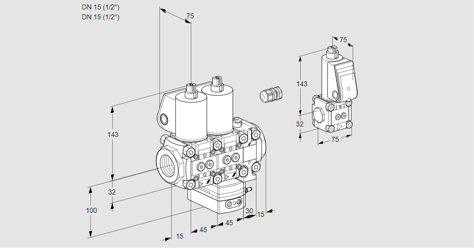 Регулятор соотношения газ/воздух с двумя эл.магнитными клапанами VCV 1E15R/15R05NVKVWL/BSPP/PPPP