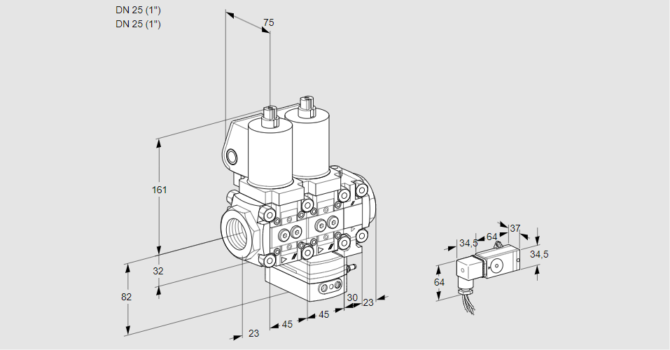 Регулятор соотношения газ/воздух с двумя эл.магнитными клапанами VCG 1T25N/25N05NGAVQSL/PPPP/-2PP