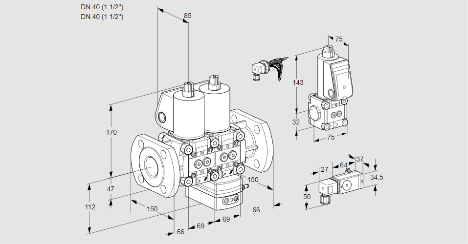 Регулятор соотношения газ/воздух с двумя эл.магнитными клапанами VCG 2E40F/40F05NGEWL/PPBS/PP3-