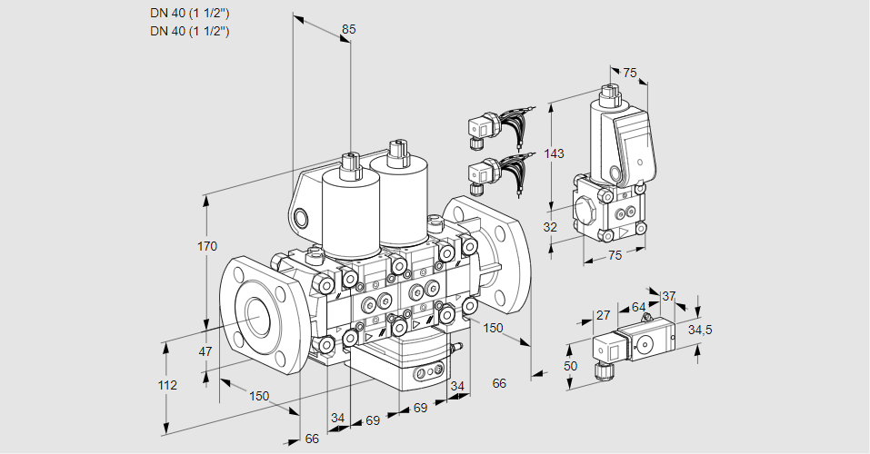 Регулятор соотношения газ/воздух с двумя эл.магнитными клапанами VCG 2E40F/40F05FNGEO32WL6/MMBS/PP3-